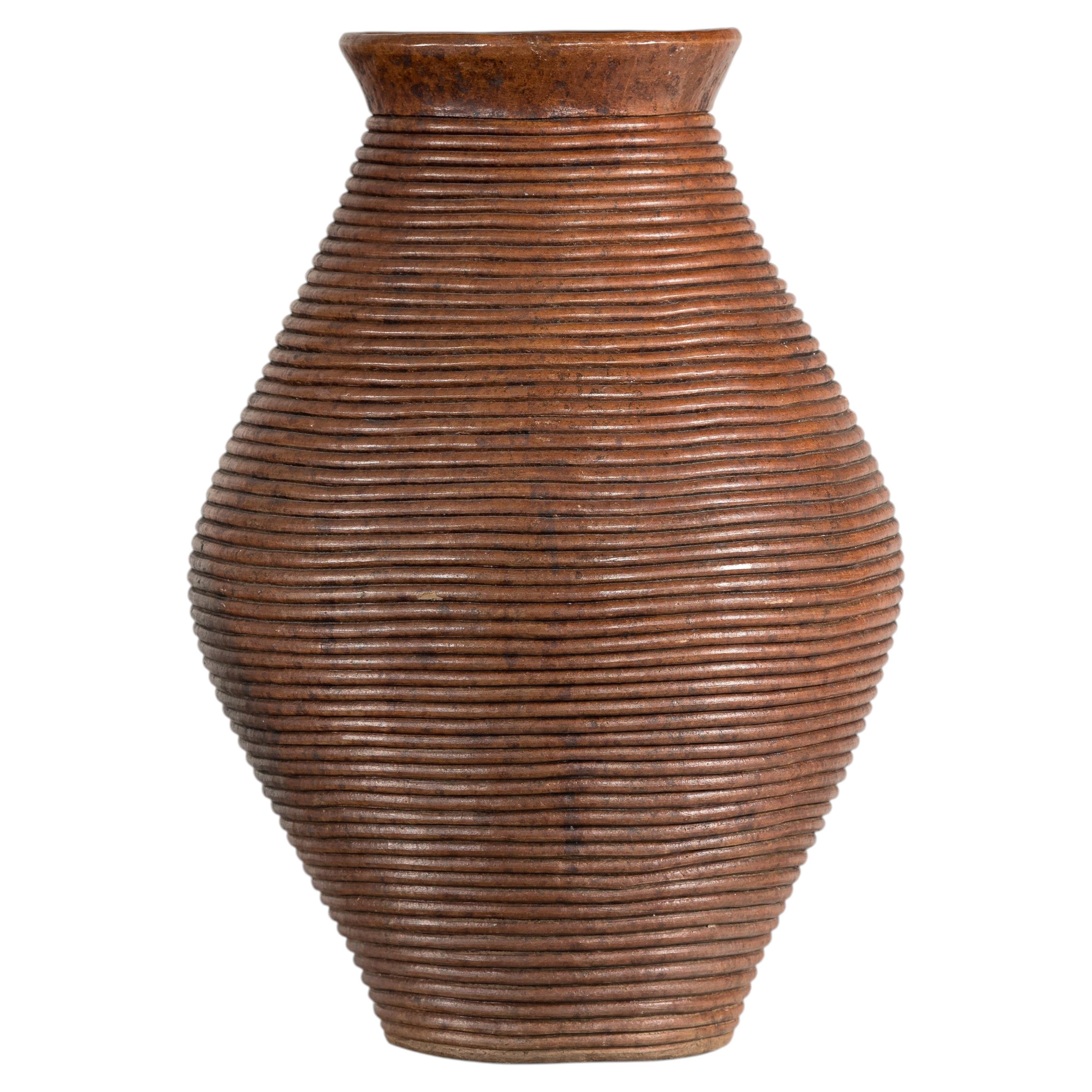 Ribbed Vintage Pottery Vase with Burnished Surface