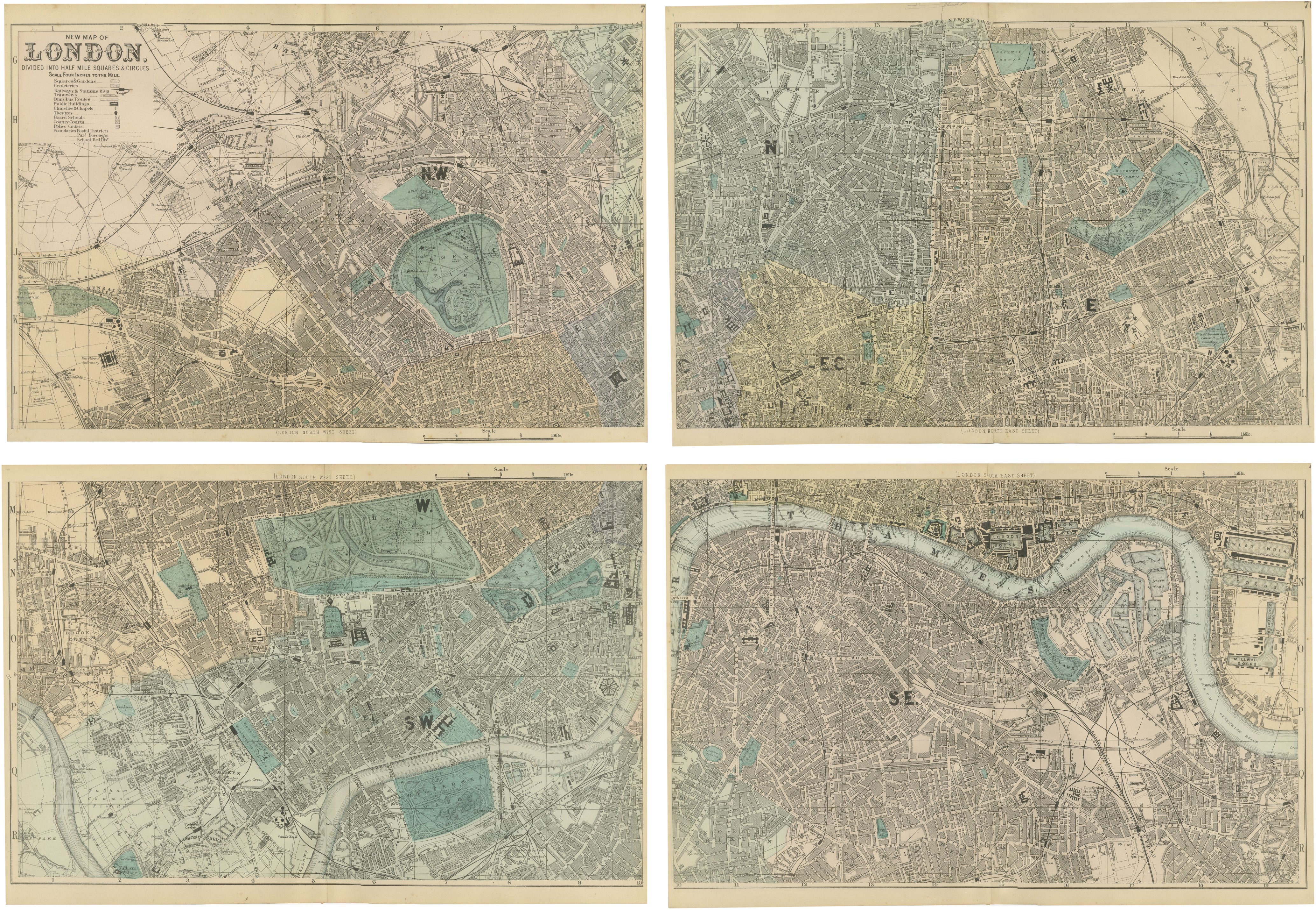 Antique London Atlas Maps, Elegant Four Sheet Wall Display, 1885