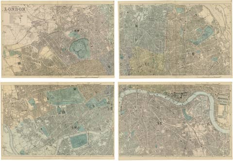 Antique London Atlas Maps, Elegant Four Sheet Wall Display, 1885