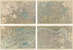 Antique London Atlas Maps, Elegant Four Sheet Wall Display, 1885