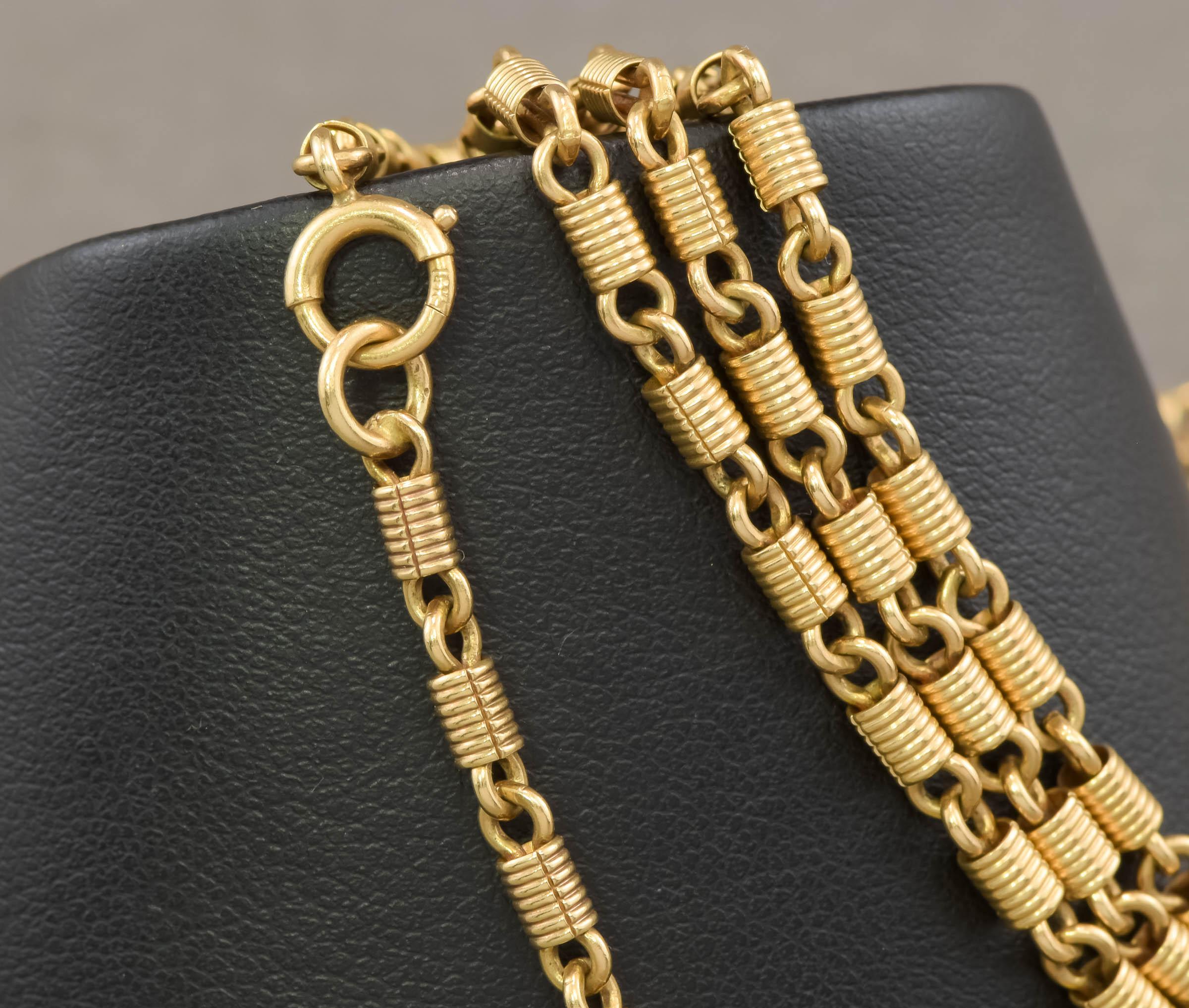 Antique Long 14K Gold Fancy Link Chain Necklace, Substantial Coil Links For Sale 6
