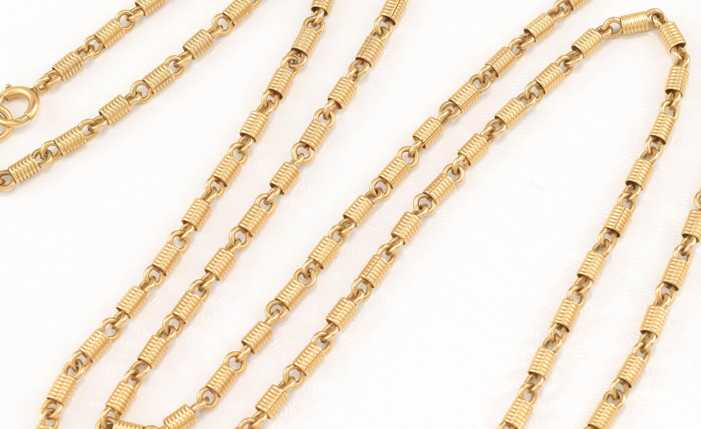 Antique Long 14K Gold Fancy Link Chain Necklace, Substantial Coil Links For Sale 7
