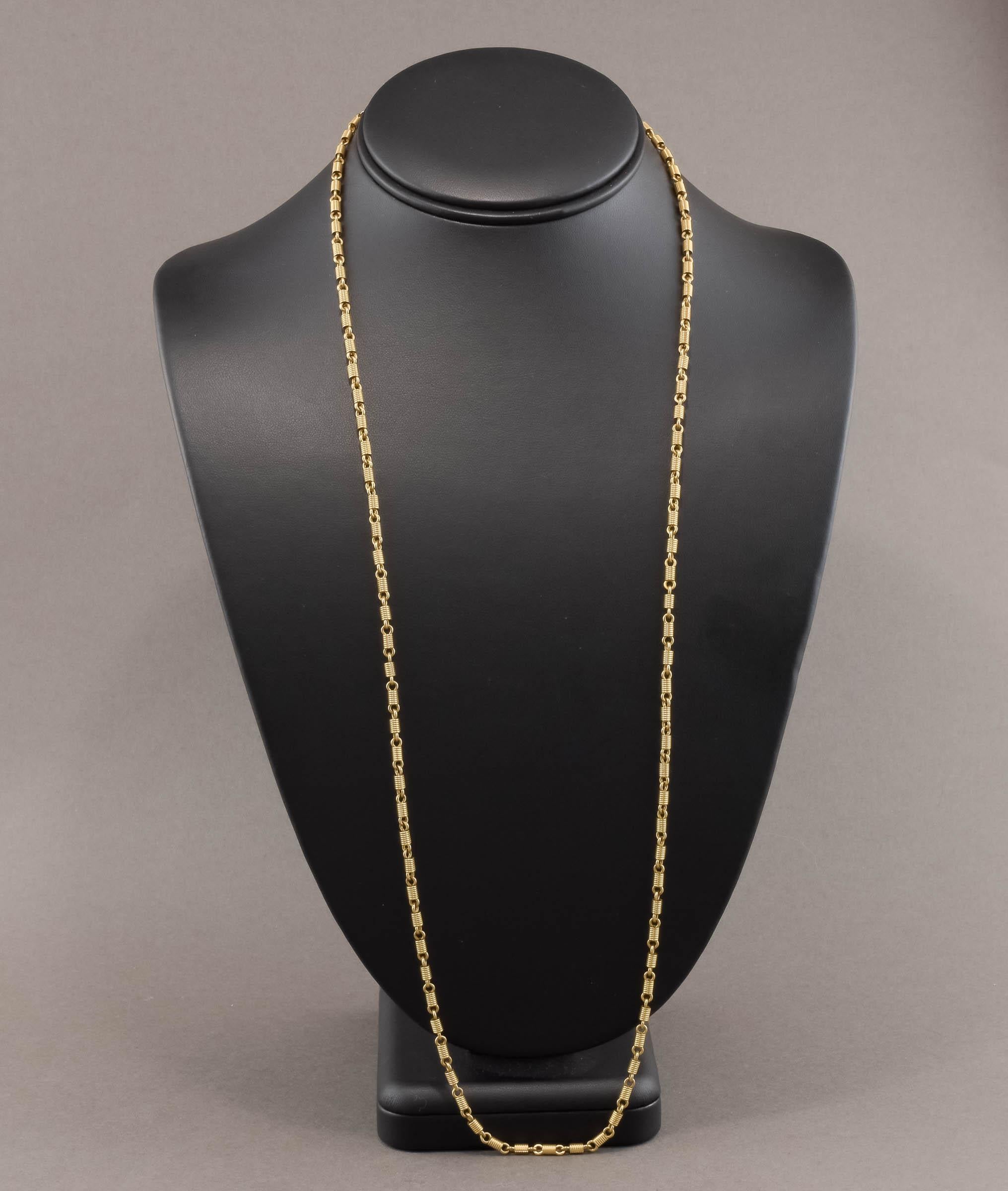 Late Victorian Antique Long 14K Gold Fancy Link Chain Necklace, Substantial Coil Links For Sale