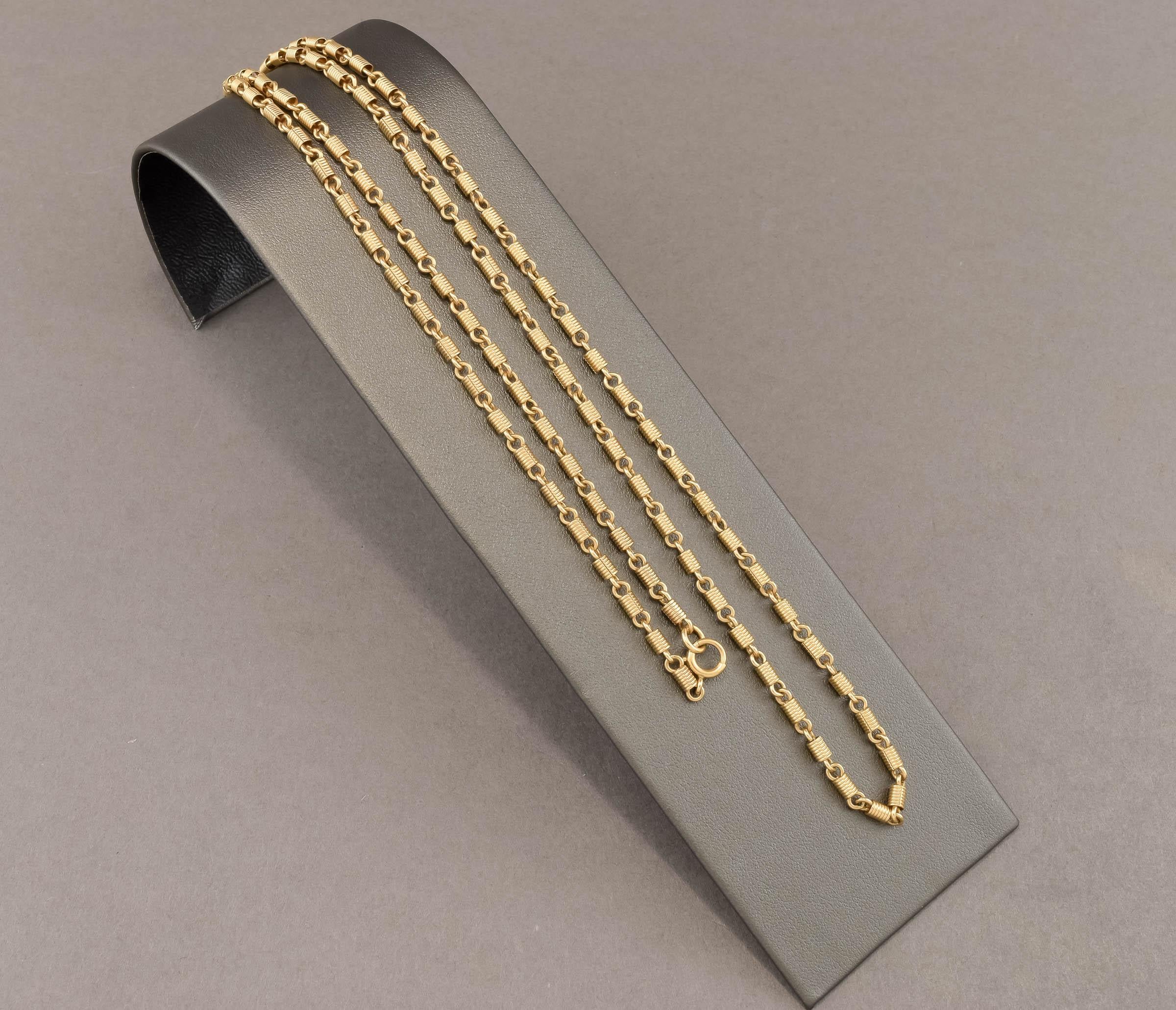 Women's or Men's Antique Long 14K Gold Fancy Link Chain Necklace, Substantial Coil Links For Sale