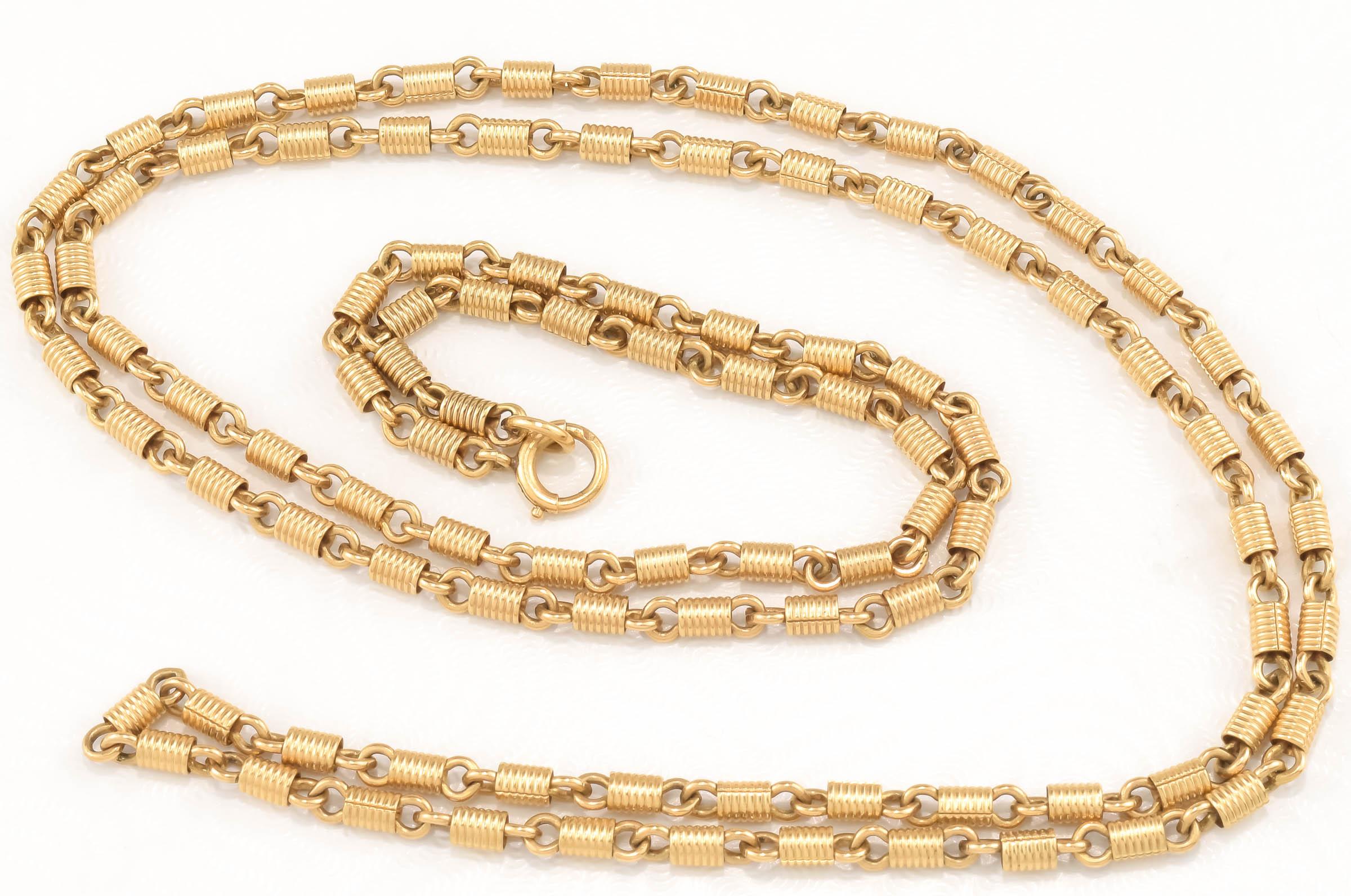 Antique Long 14K Gold Fancy Link Chain Necklace, Substantial Coil Links In Good Condition For Sale In Danvers, MA