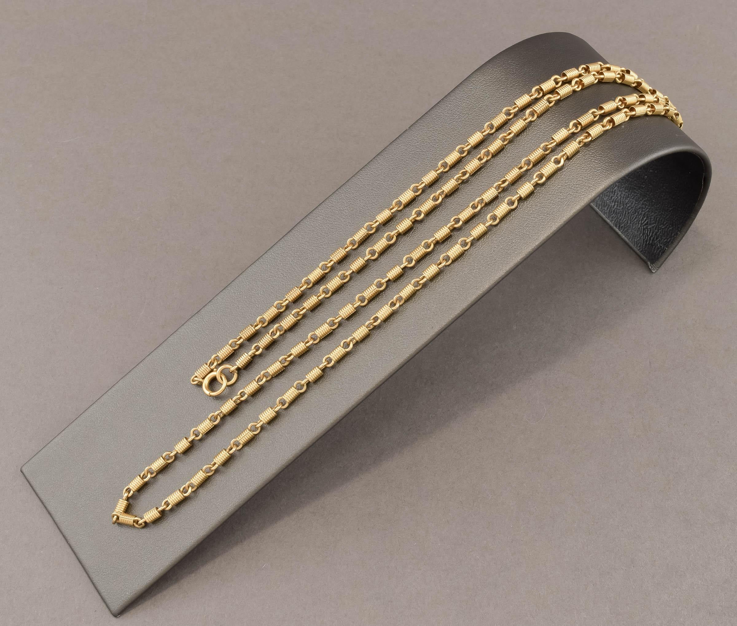 Antique Long 14K Gold Fancy Link Chain Necklace, Substantial Coil Links For Sale 1