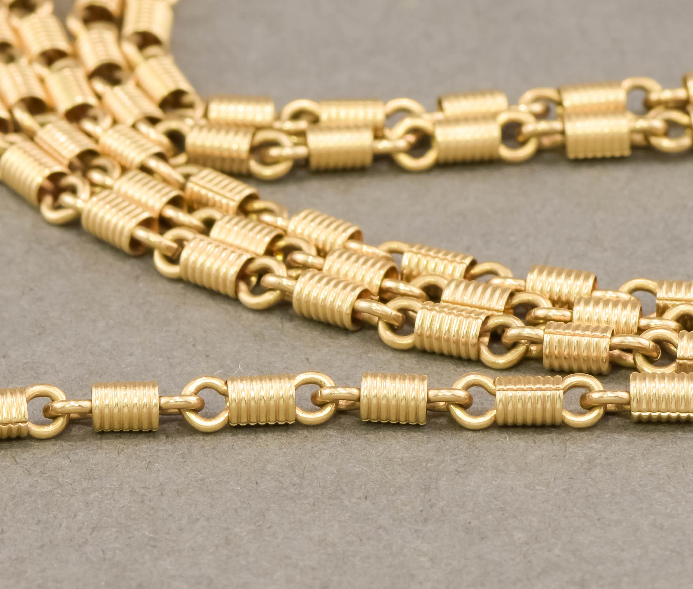 Antique Long 14K Gold Fancy Link Chain Necklace, Substantial Coil Links For Sale 2
