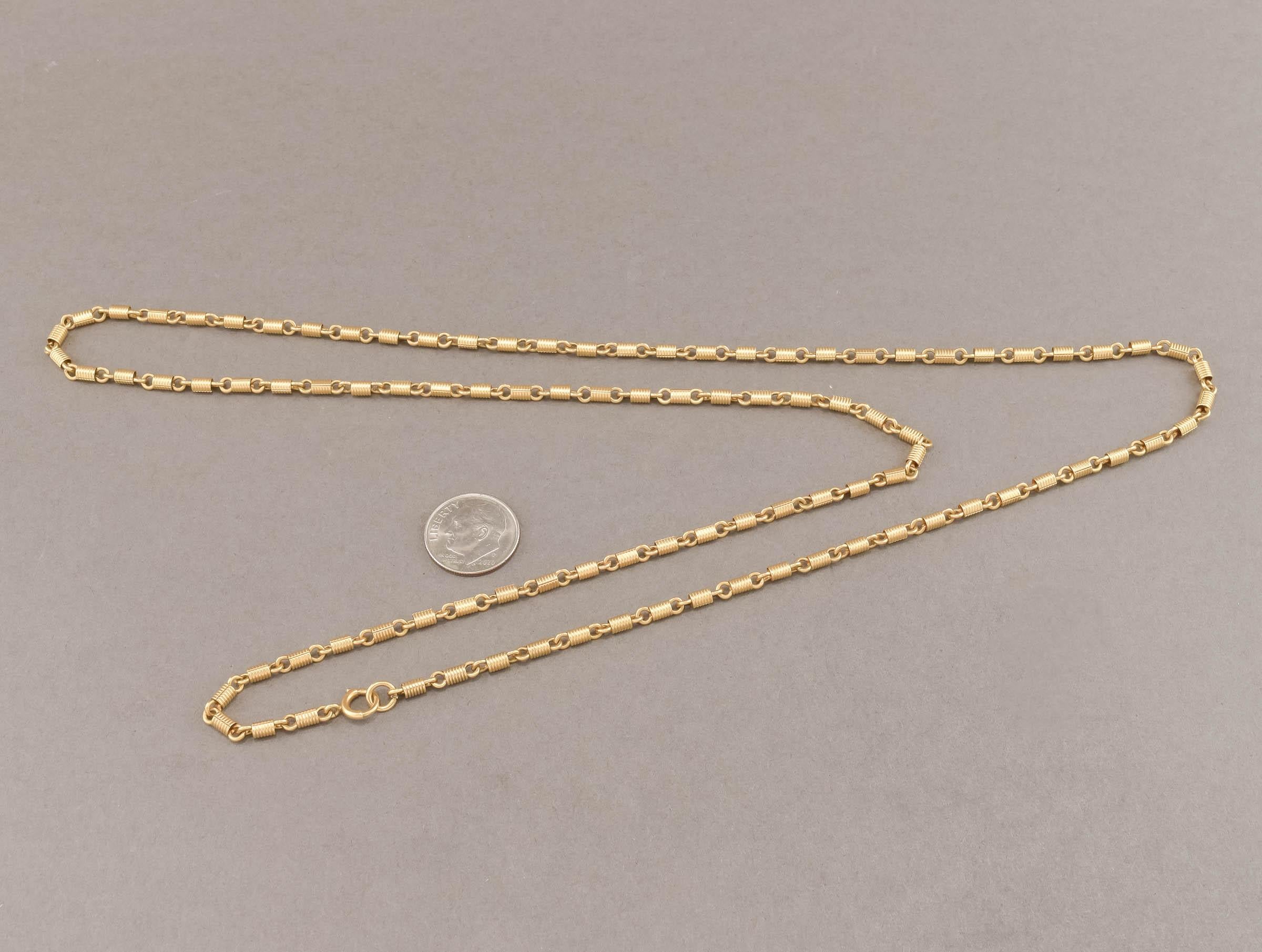 Antique Long 14K Gold Fancy Link Chain Necklace, Substantial Coil Links For Sale 3