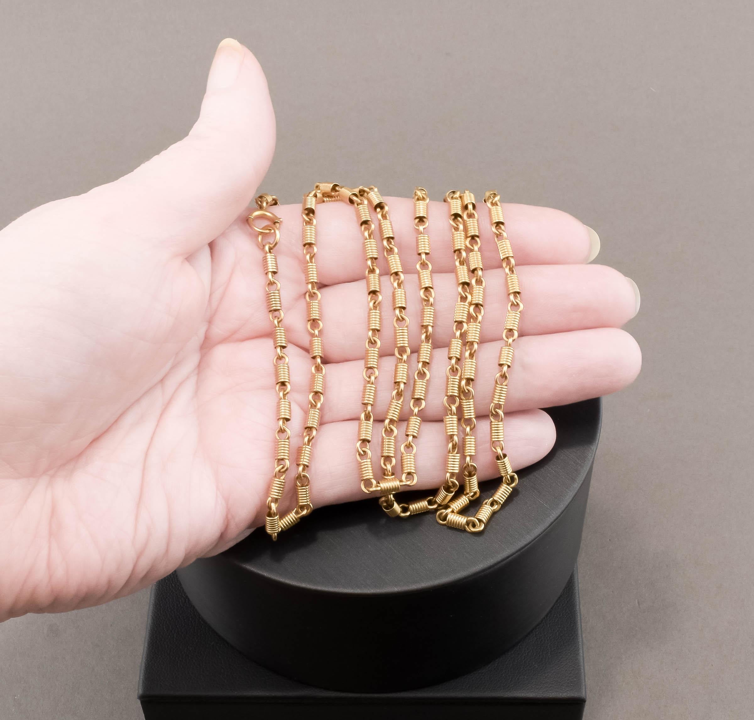 Antique Long 14K Gold Fancy Link Chain Necklace, Substantial Coil Links For Sale 4
