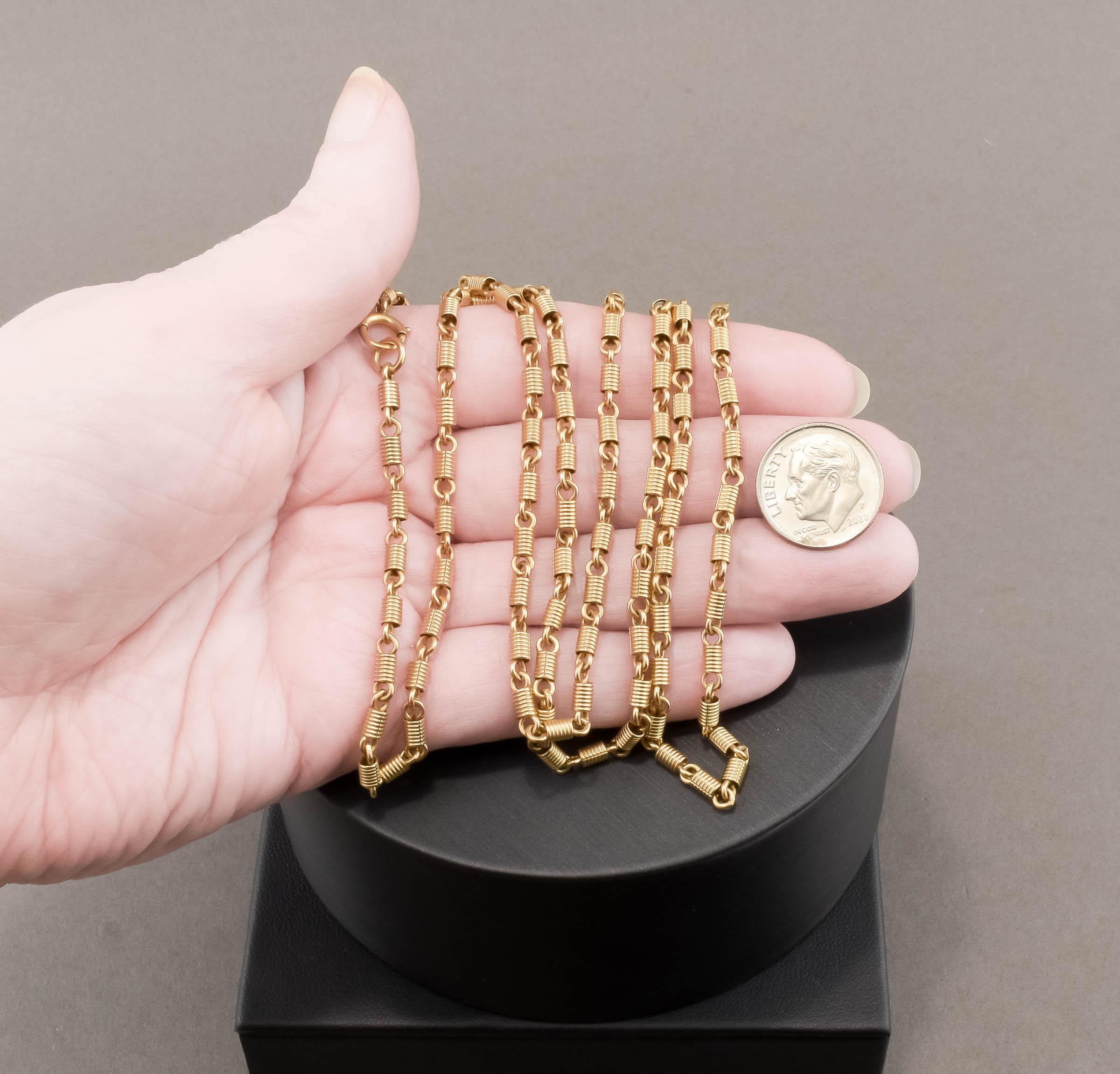 Antique Long 14K Gold Fancy Link Chain Necklace, Substantial Coil Links For Sale 5