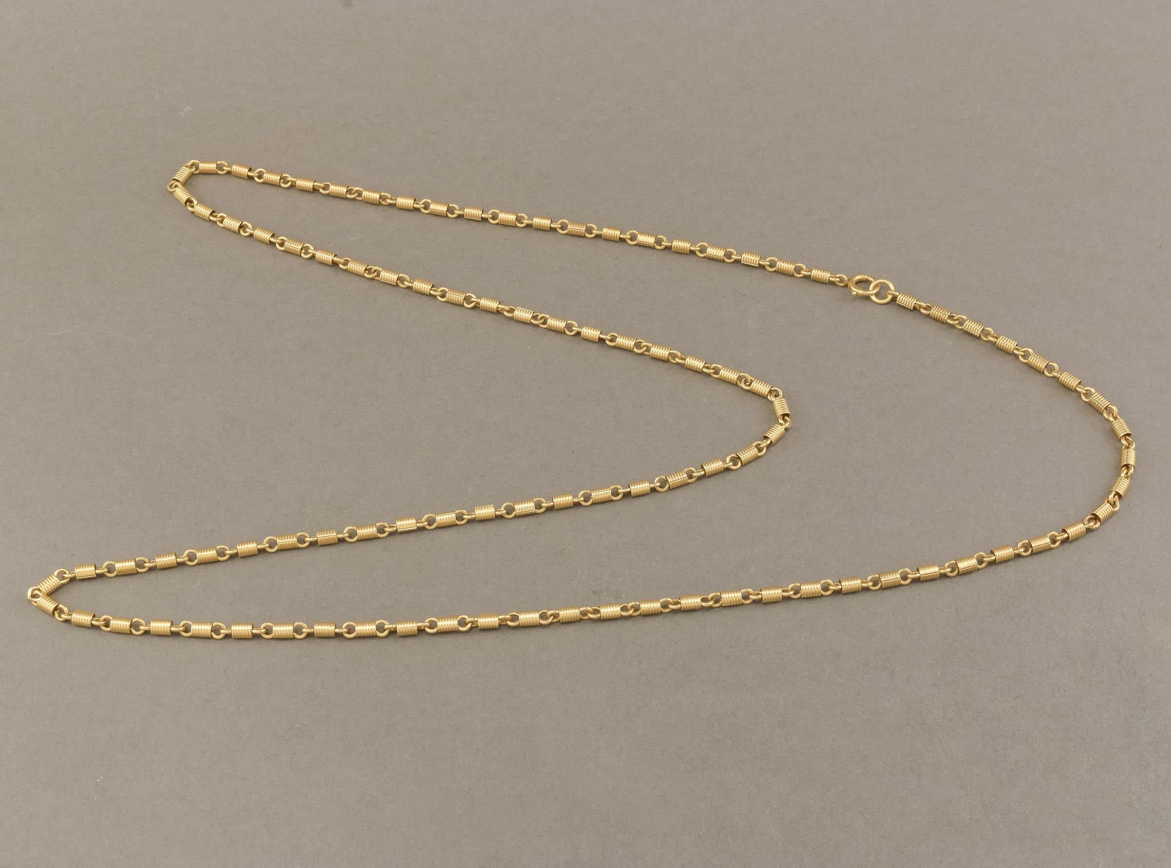 Antique Long 14K Gold Fancy Link Chain Necklace, Substantial Coil Links For Sale
