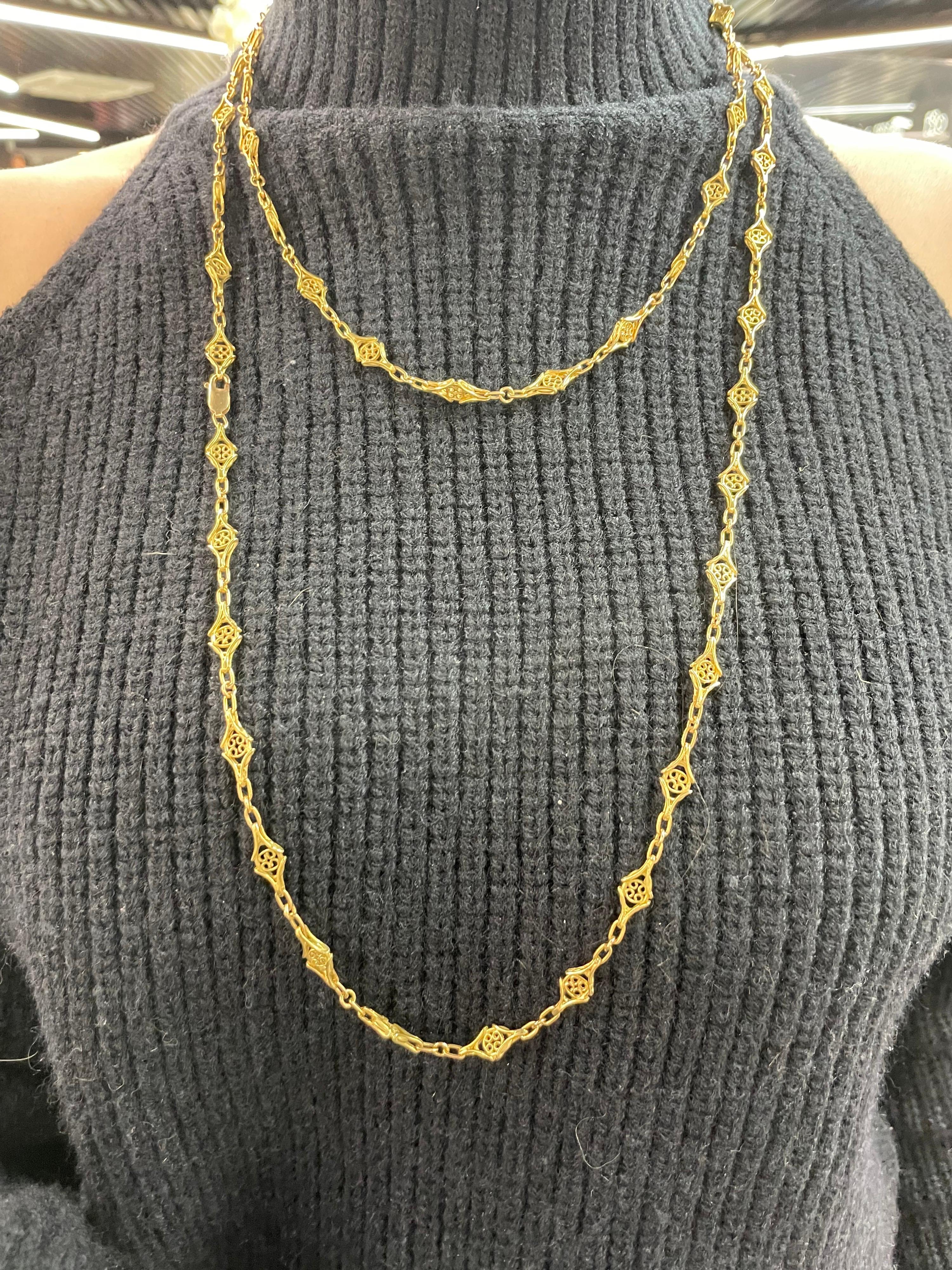 Antique Style Long Link Chain Necklace 18 Karat Yellow Gold Chain 66 Grams 57.5