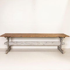 Antique Long Farm Table with White Painted Trestle Base from Sweden