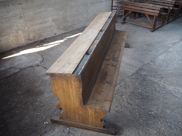 Other Antique Long All-Wood School Bench with Original Paint, 1930s For Sale