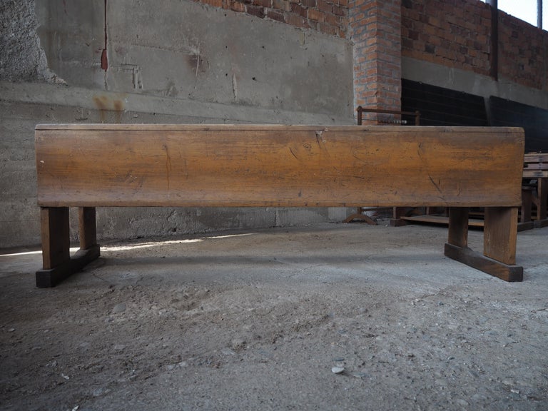 Antique Long All-Wood School Bench with Original Paint, 1930s In Fair Condition For Sale In Praha, CZ
