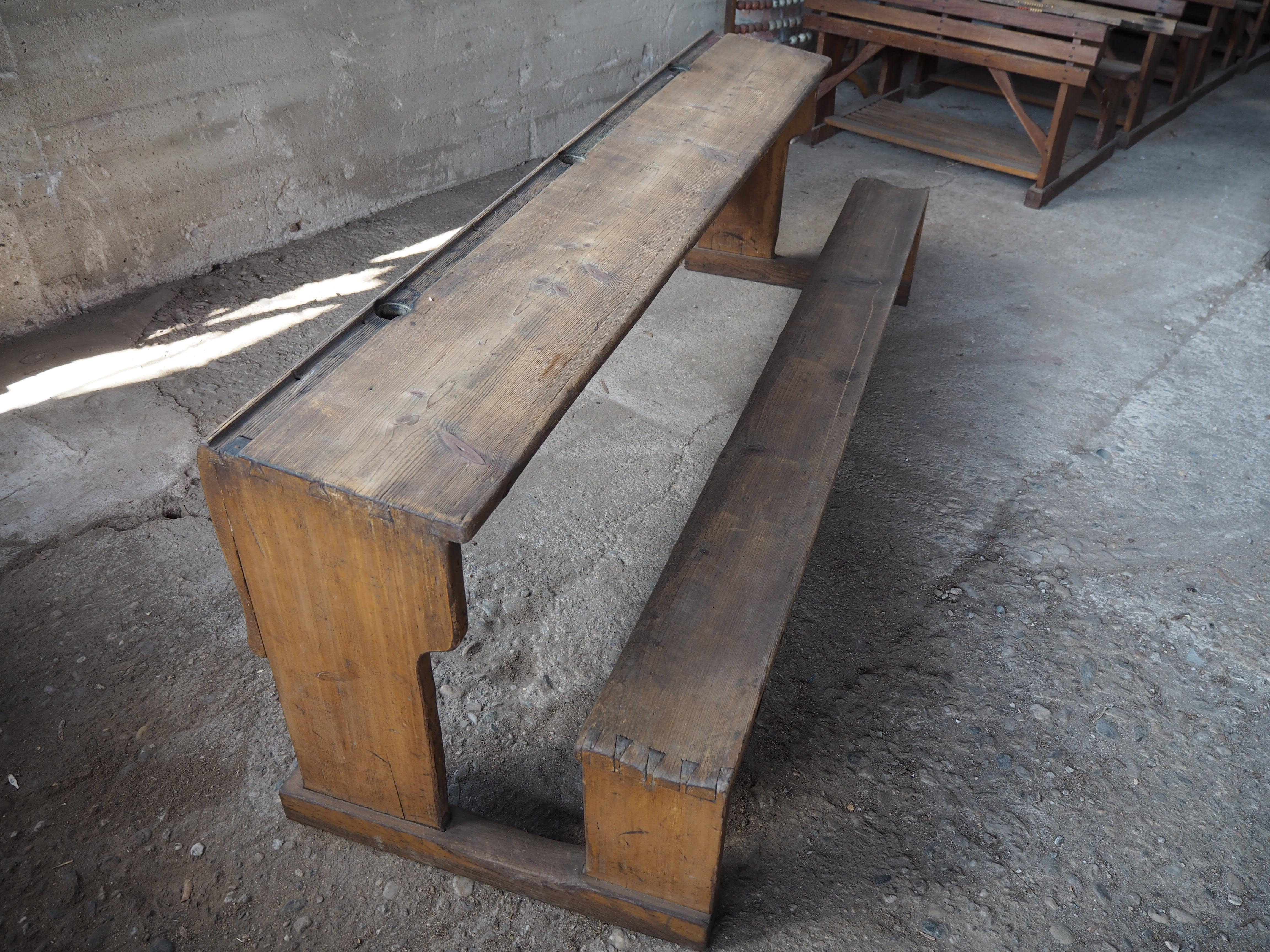 Other Antique Long All-Wood School Bench with Original Paint, 1930s