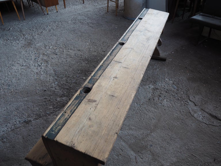Mid-20th Century Antique Long All-Wood School Bench with Original Paint, 1930s For Sale