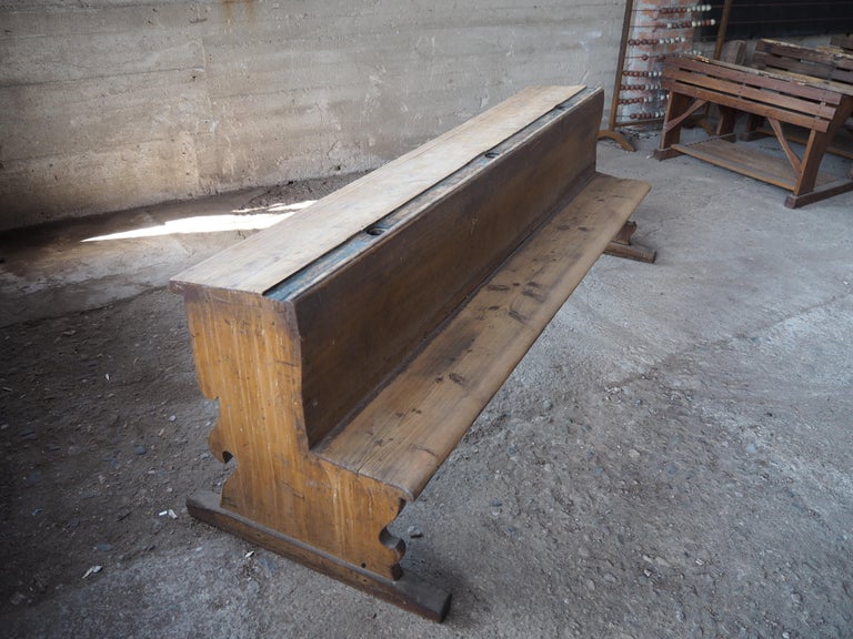 Antique Long All-Wood School Bench with Original Paint, 1930s For Sale 3