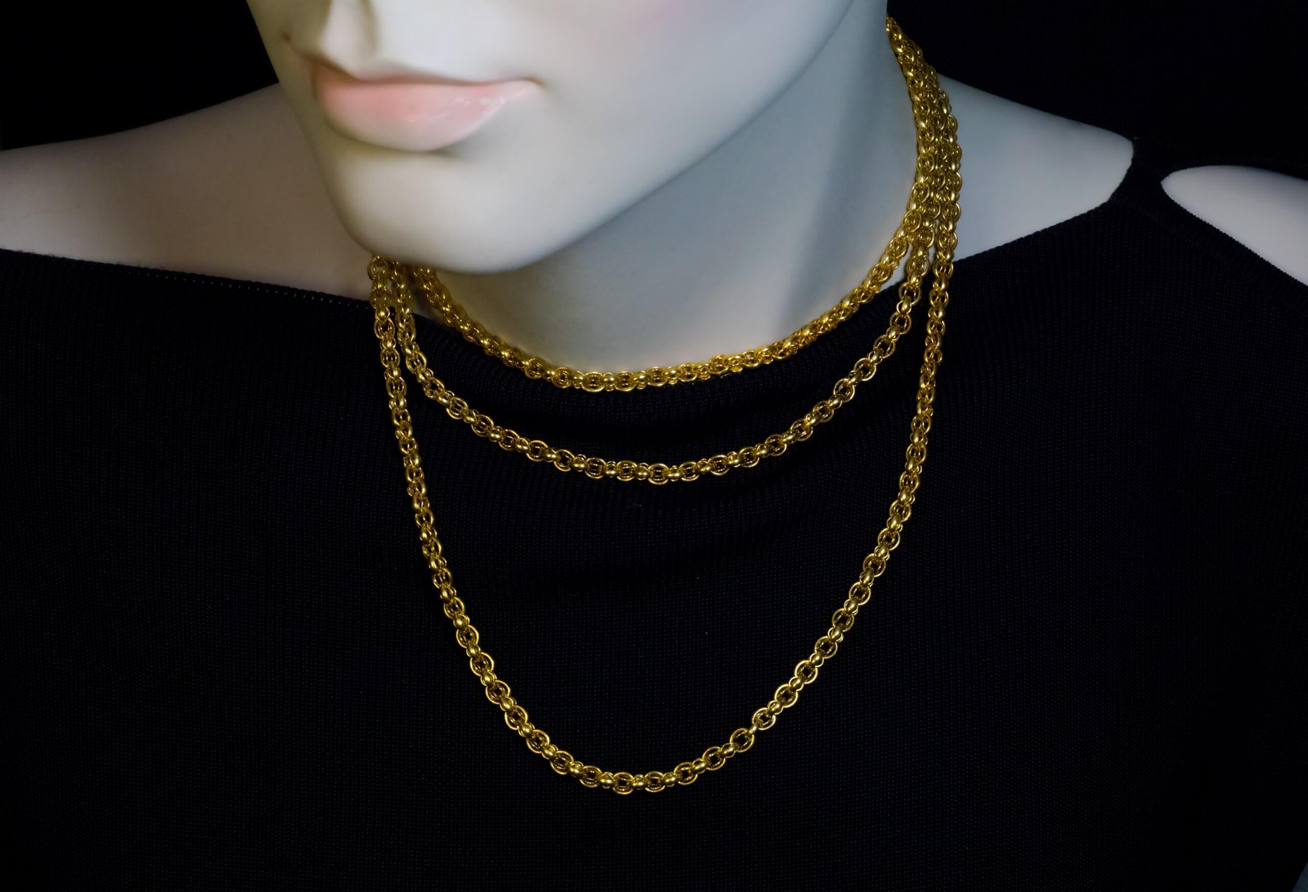 This elaborate Victorian era yellow gold chain necklace was made in the 19th century, circa 1850s-1870s.  The gold of the necklace was tested to be in the 17 to 18 karat range.  Length is 124 cm (48 in.)  Width is 5 mm (3/16 in.)  Weight is 75