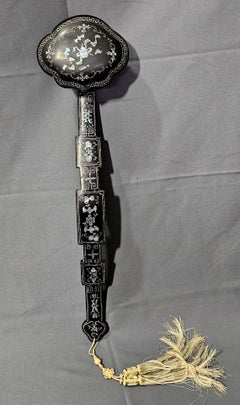 Antique Long Black Lacquered Ruyi Scepter Inlaid with Seashell