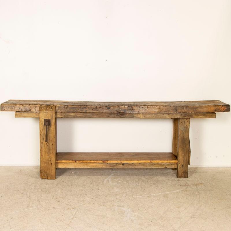 French Antique Long Carpenters Workbench Rustic Console Table from France