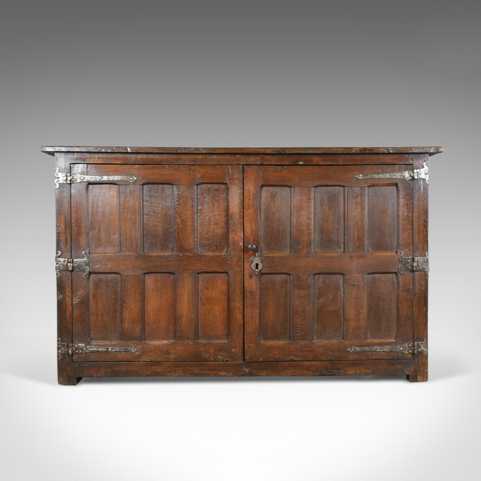 This is an appealing antique long cupboard. A large and heavy, early English oak paneled cupboard dating to the 17th century and later.

Fabulous early oak panel, pegged construction
Good colour, displaying grain interest with wisps of medullary