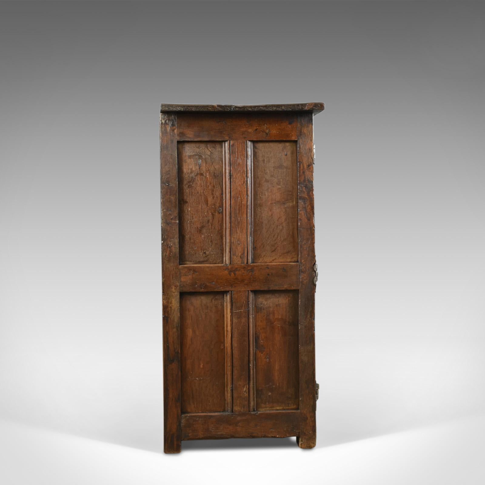 James II Antique Long Cupboard, Large Heavy Early English Oak Paneled
