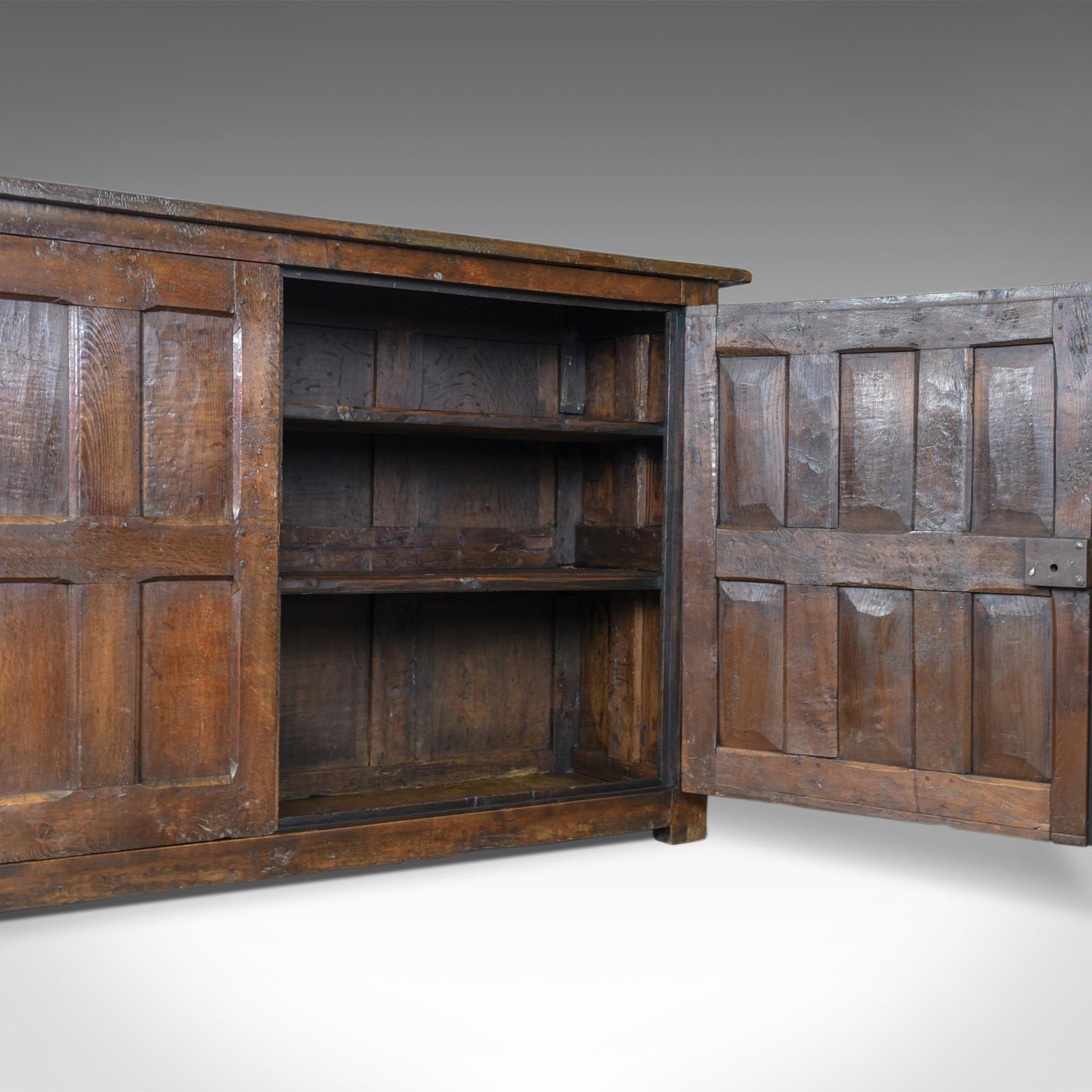 Antique Long Cupboard, Large Heavy Early English Oak Paneled 1