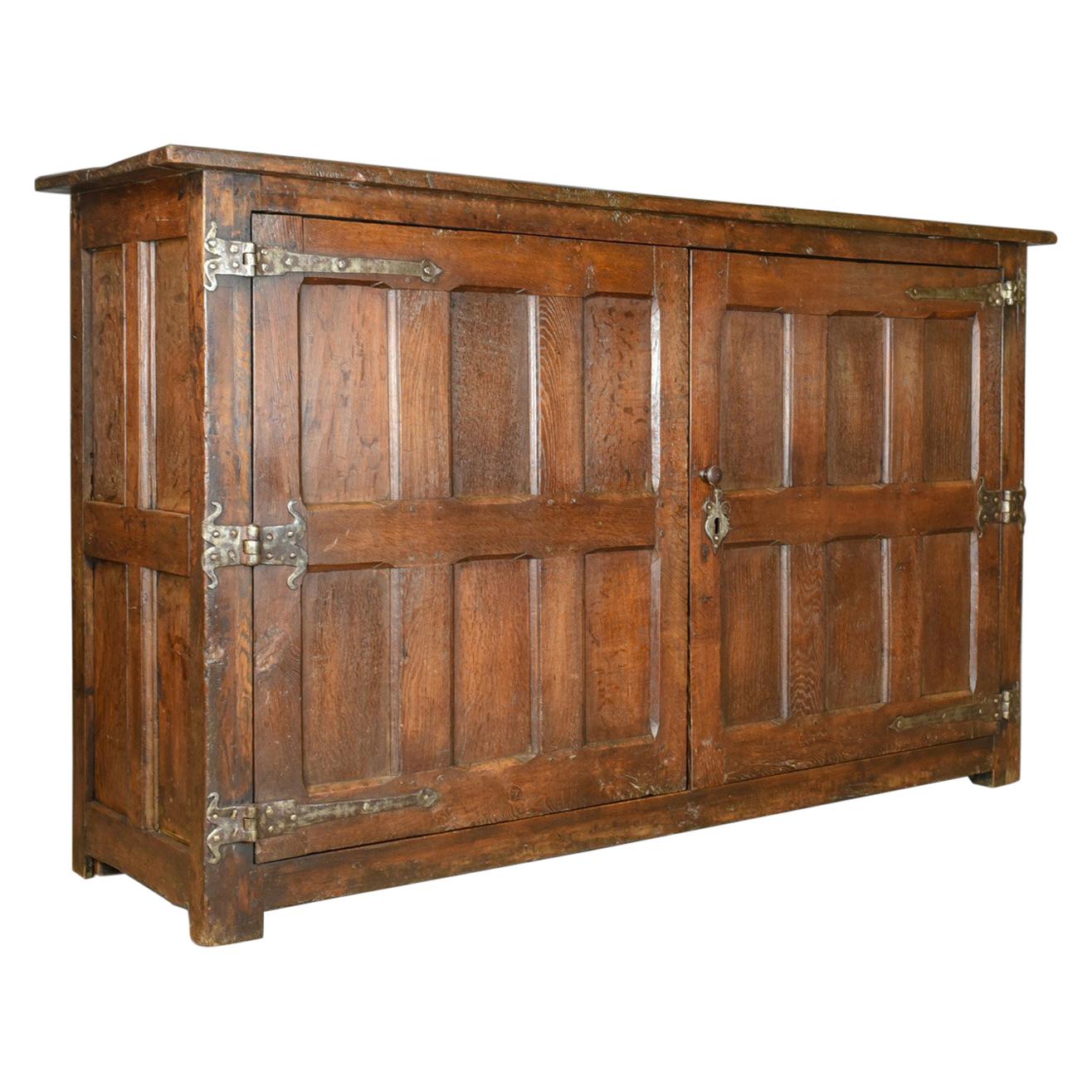 Antique Long Cupboard, Large Heavy Early English Oak Paneled