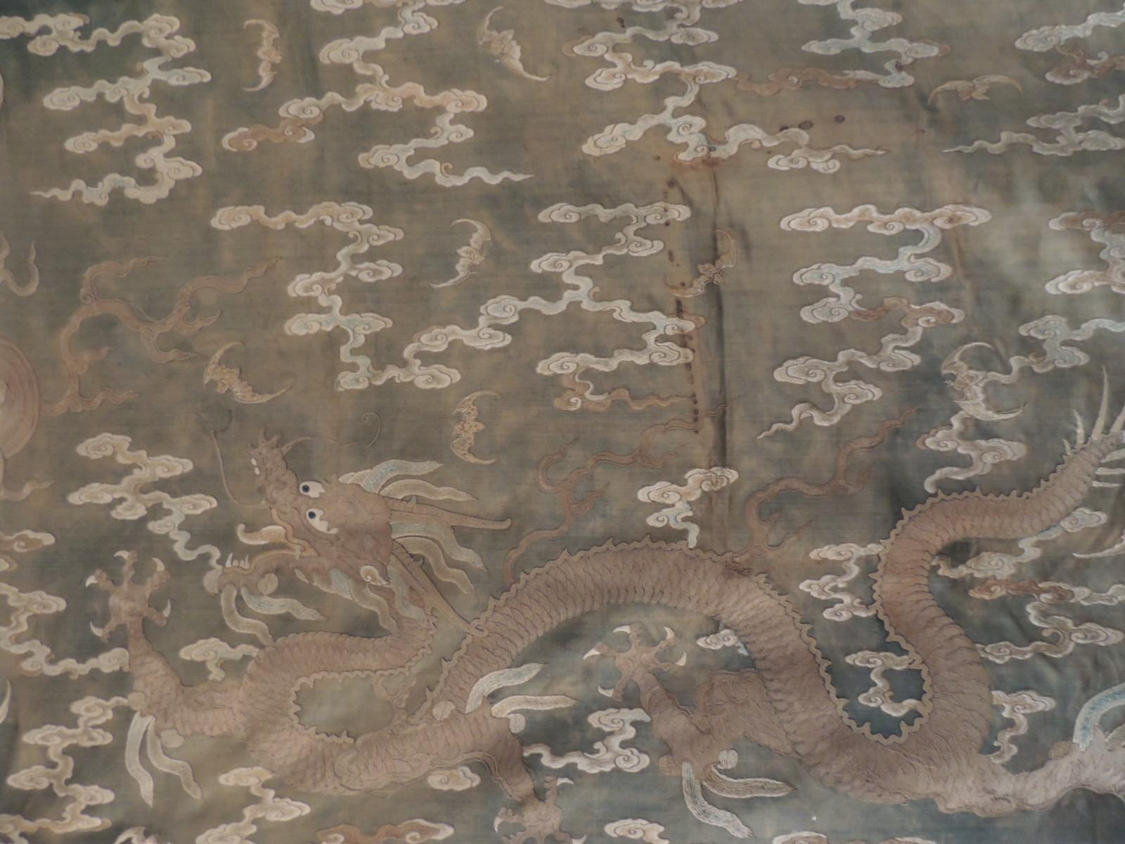 Japonisme Antique Long Embroidered Dragons and Sun Tapestry