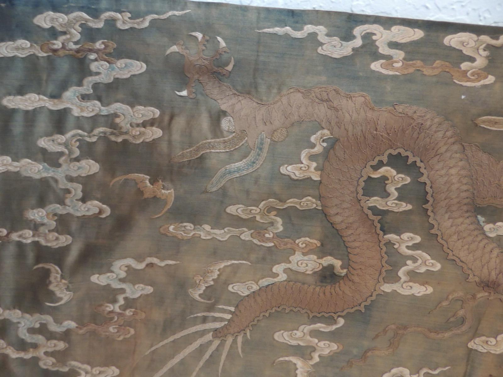 Japanese Antique Long Embroidered Dragons and Sun Tapestry