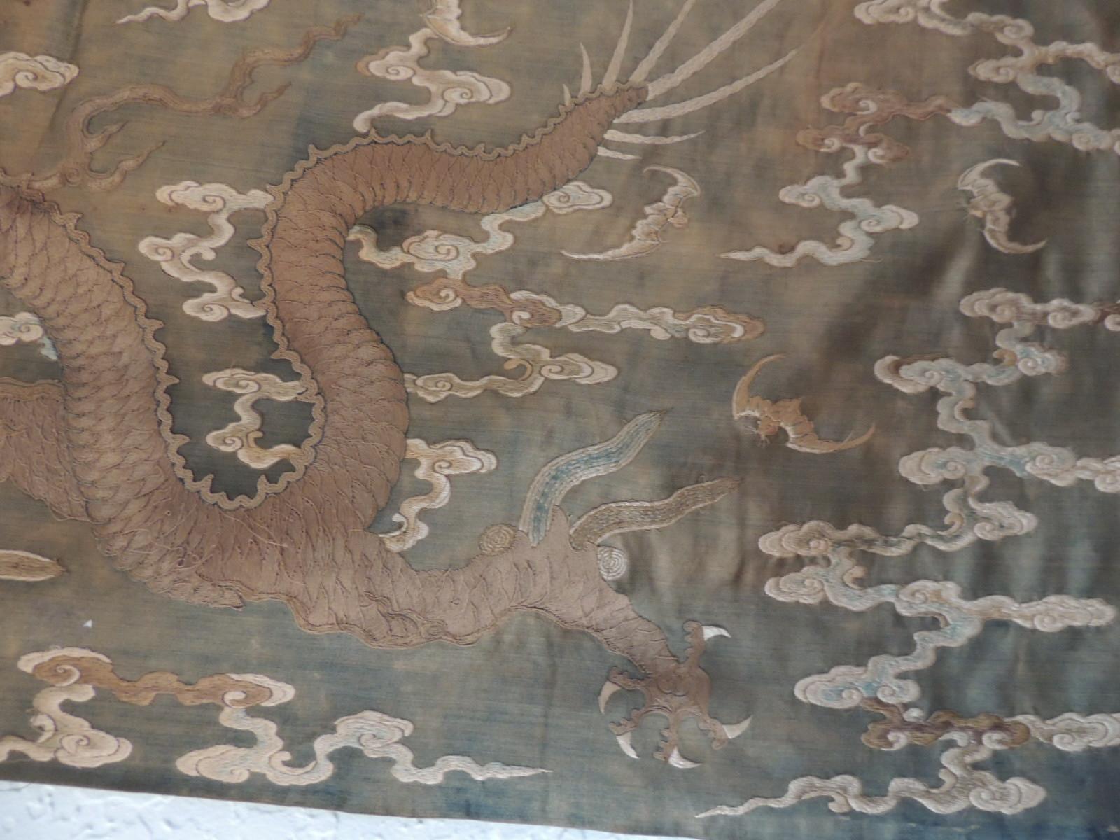 Hand-Crafted Antique Long Embroidered Dragons and Sun Tapestry