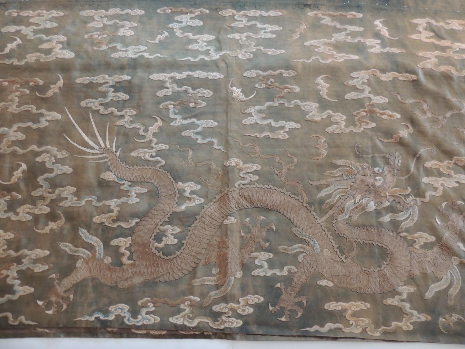 19th Century Antique Long Embroidered Dragons and Sun Tapestry