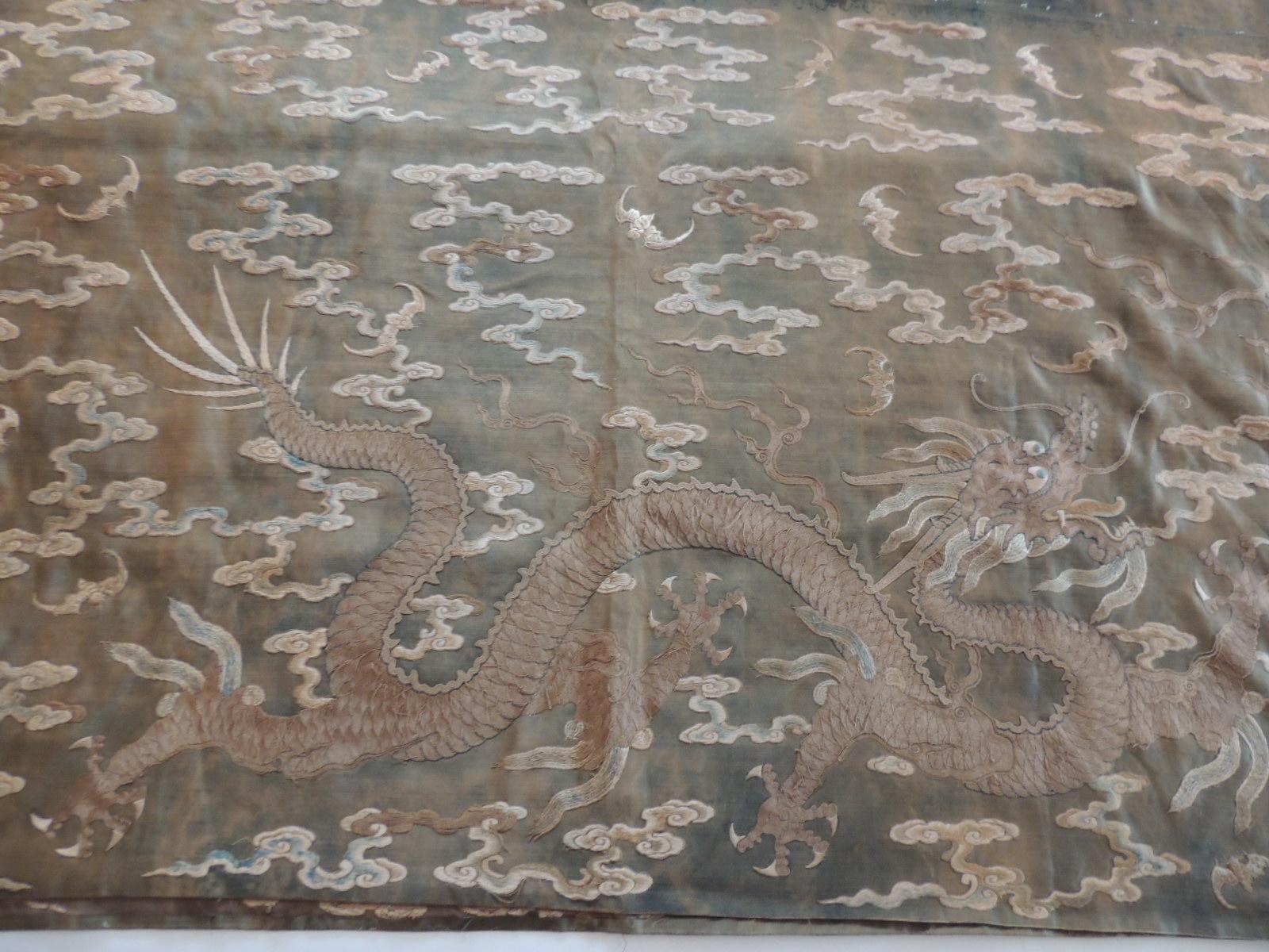 Silk Antique Long Embroidered Dragons and Sun Tapestry