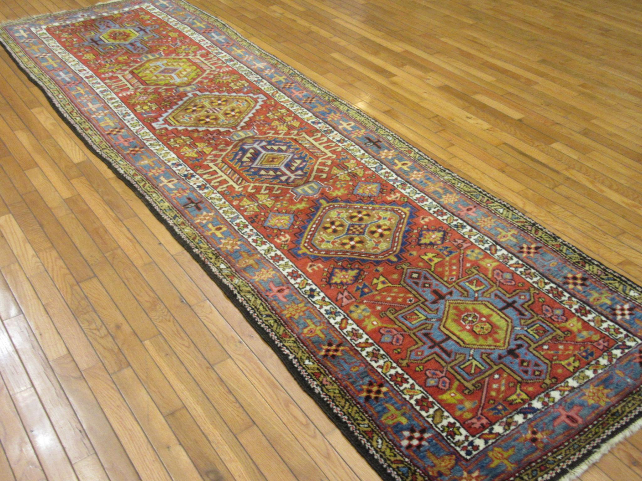 Wool Antique Long Hand-Knotted Persian Heriz Runner Rug For Sale