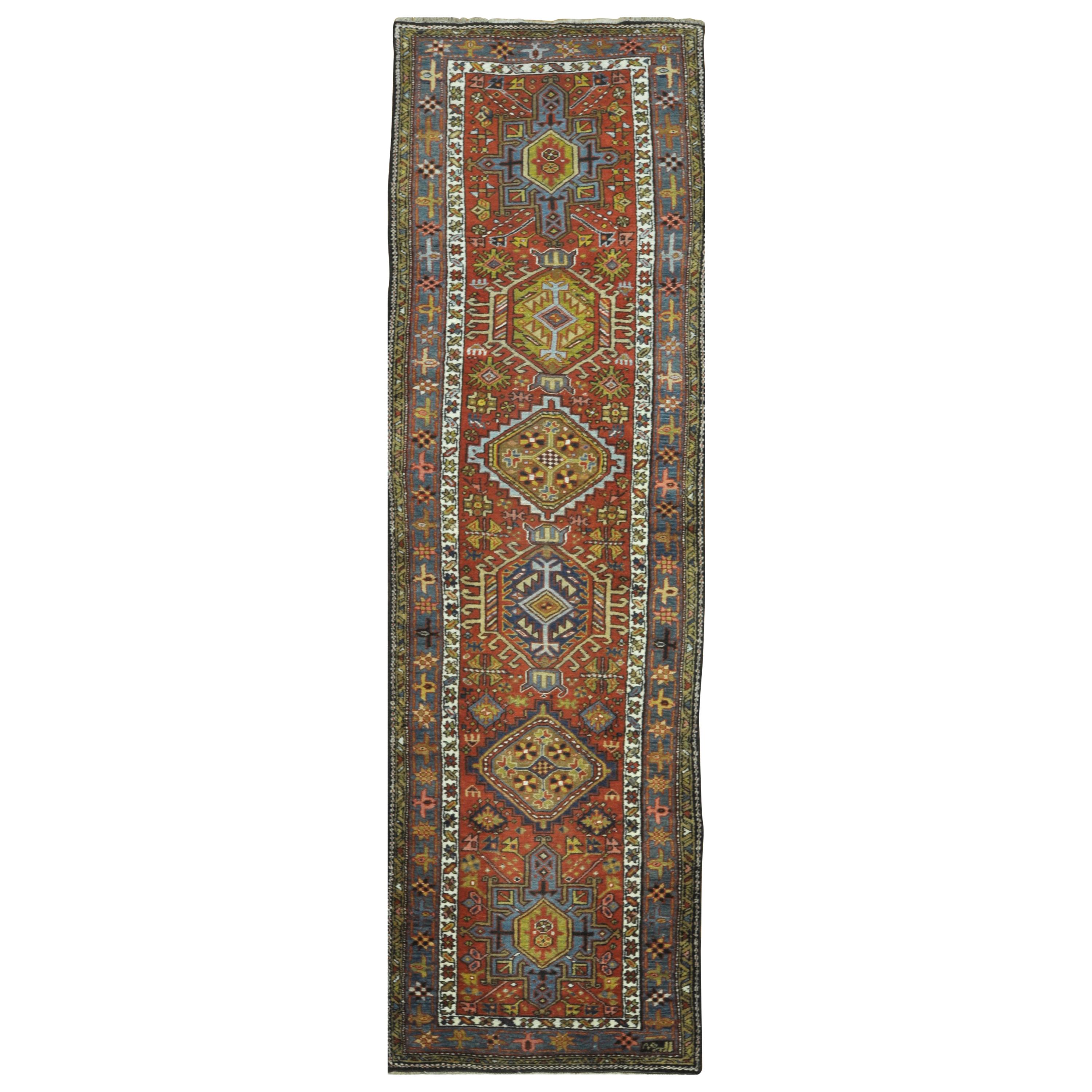 Antique Long Hand-Knotted Persian Heriz Runner Rug For Sale