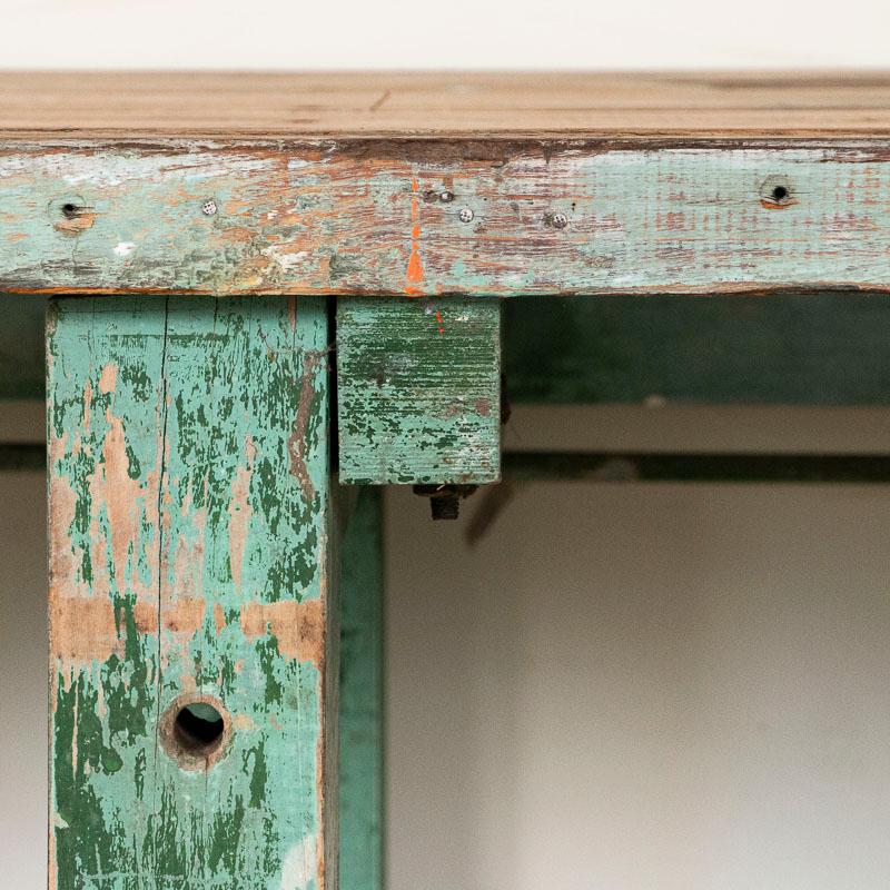 Swedish Antique Long Industrial Work Table with Original Green Painted Base