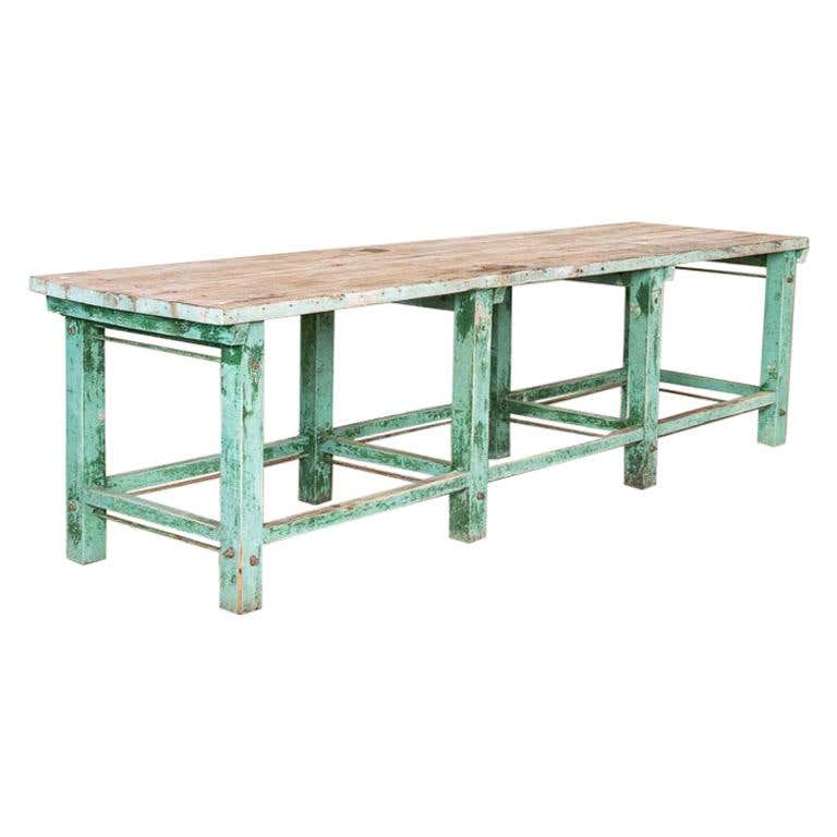 Antique Long Industrial Work Table with Original Green Painted Base For ...