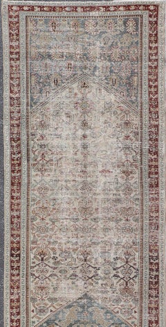 Antique Long Malayer Runner with Medallion Design in Soft Blue, Red 3'5 x 25'5