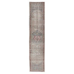 Antique Long Malayer Runner with Medallion Design in Soft Blue, Red 3'5 x 25'5