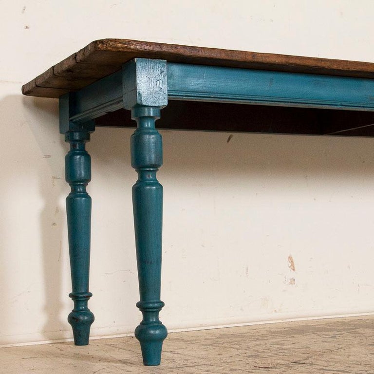 Antique Long Original Blue Painted Farm Table Dining Table at 1stDibs