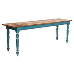 Antique Long Original Blue Painted Farm Table Dining Table
