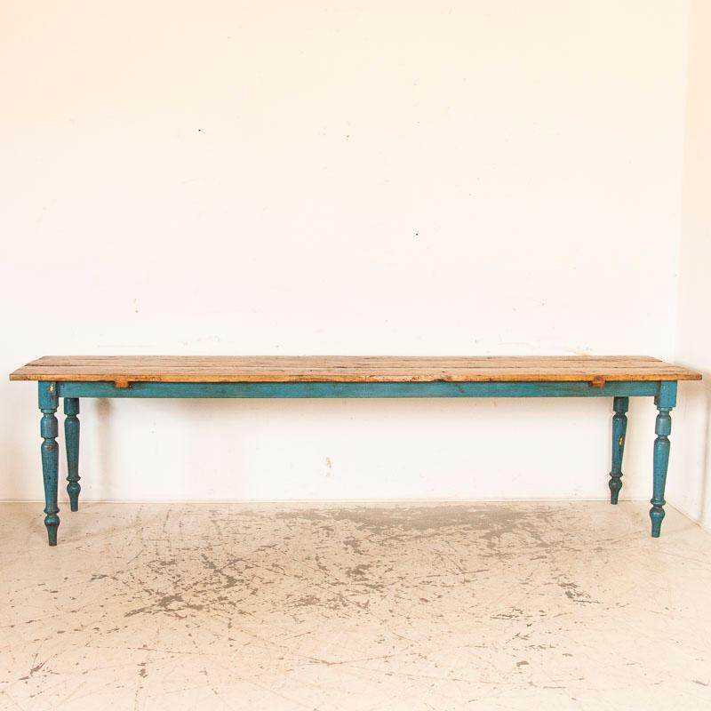 The vibrant blue paint is all original on this becoming farmhouse table from Sweden. The blue base is complimented by the long, rough-hewn natural plank top. Every scratch, crack, knot and gouge adds to the aged character of this long harvest table.