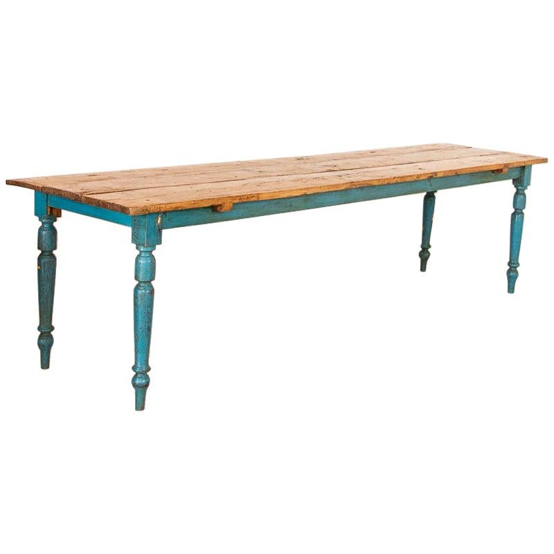 Antique Long Original Blue Painted Farm Table Dining Table from Sweden