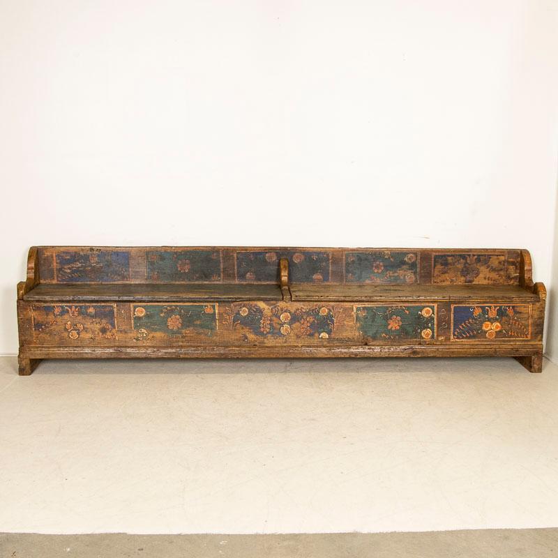 Hungarian Antique Long Original Folk Art Red and Blue Painted Romanian Storage Bench Dated