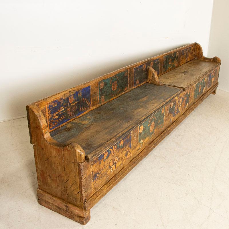 19th Century Antique Long Original Folk Art Red and Blue Painted Romanian Storage Bench Dated