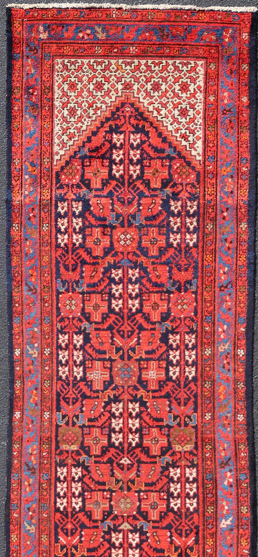 Hand-Knotted Antique Long Persian Malayer Runner with All-Over Geometric Herati Design For Sale