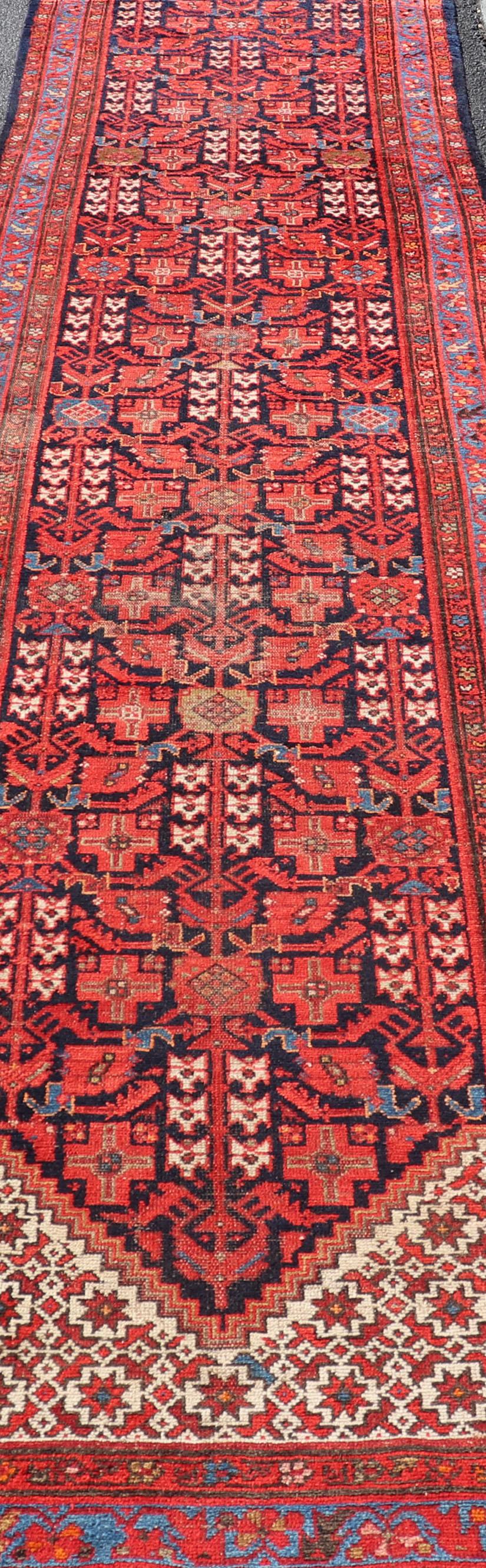Wool Antique Long Persian Malayer Runner with All-Over Geometric Herati Design For Sale