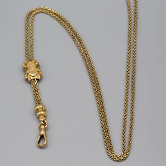 Antique Long Watch Chain 14k Yellow Gold/Ornated Necklace With Slider and Clasp