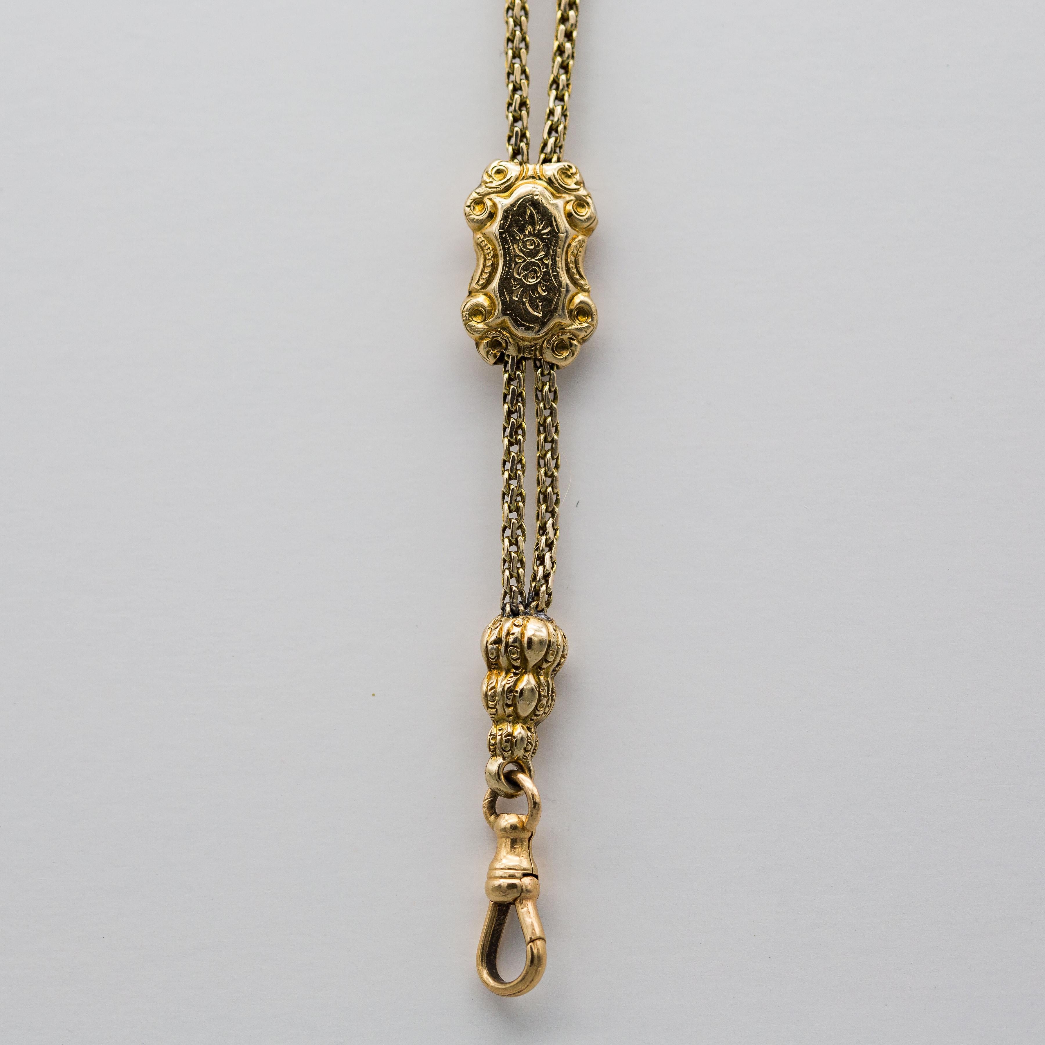 Catena di orologi antica lunga in oro giallo 14k/ornamento con cursore e chiusura In condizioni buone in vendita a Bernardsville, NJ